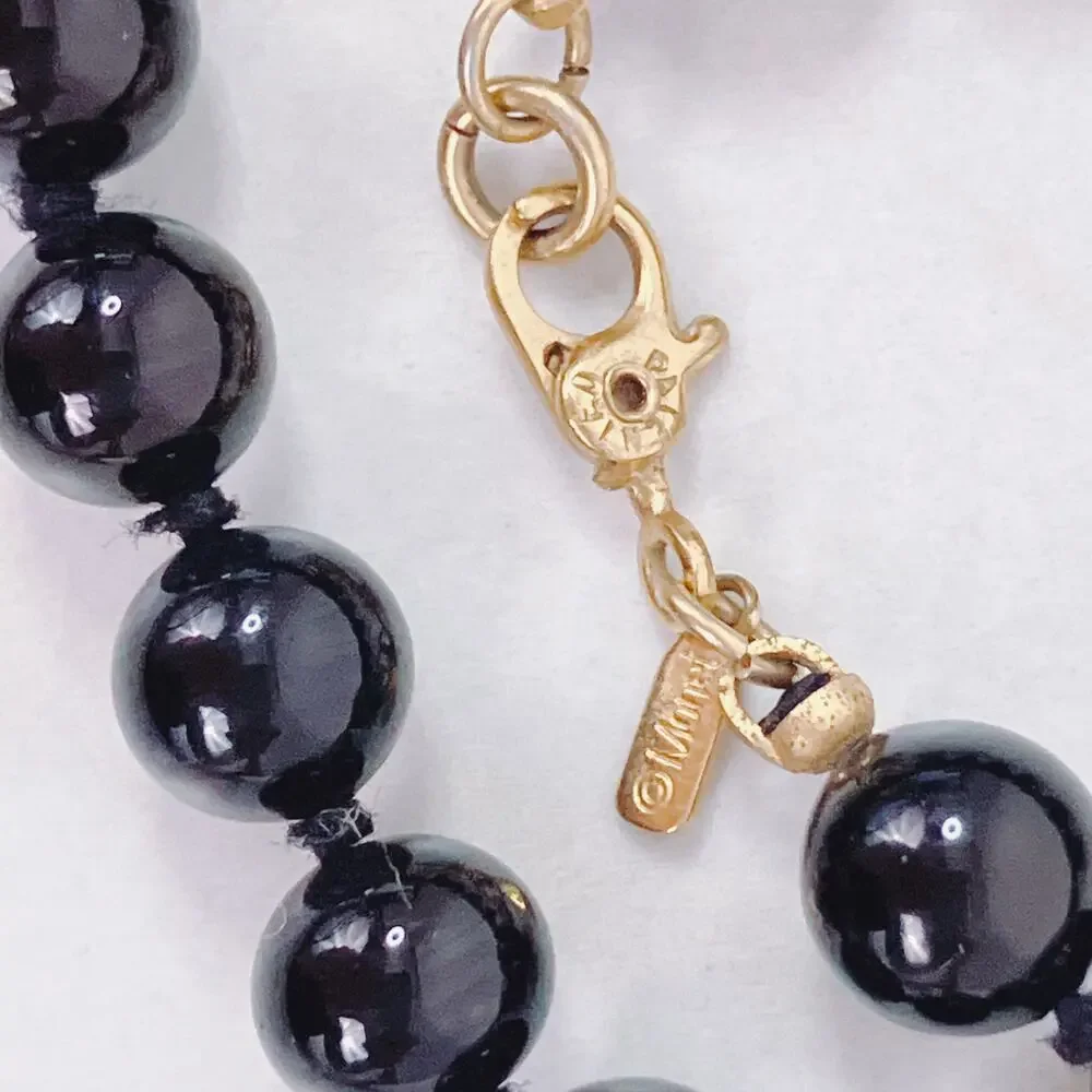 VTG Monet Signed Glossy Jet Black Glass Bead Necklace 70s Long Opera Strand